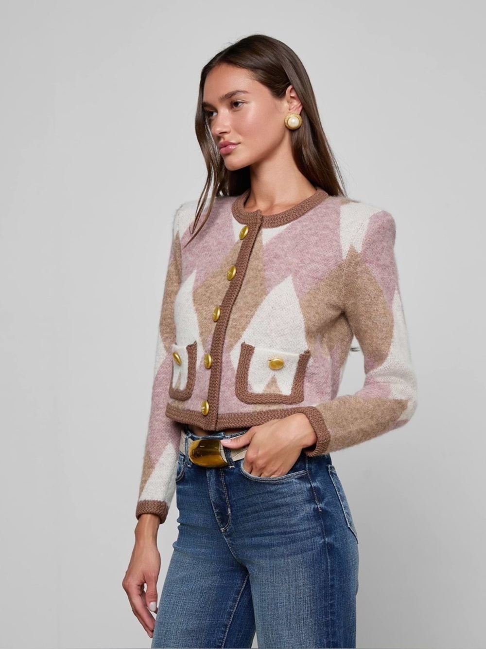 NWT L’agence Siobhan Argyle Cardigan NATURAL MAUVE Wool Sweater Small - Picture 2 of 12